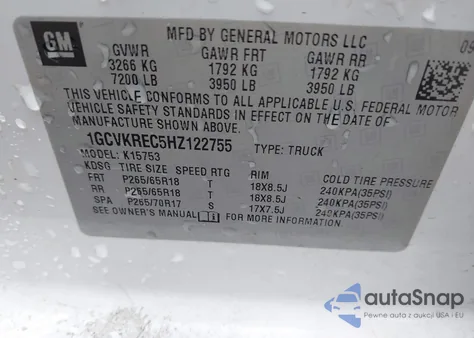 2017 Chevrolet Silverado 1500 1Lt from USA, damaged, VIN 1GCVKREC5HZ122755